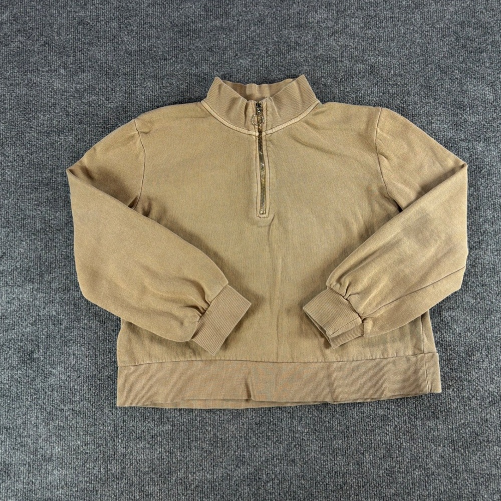 Womens Tan Quarter Zip Mock Neck Fleece Pullover Sweatshirt Gold Ring Pull